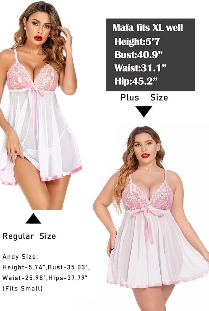 White babydoll lingerie with pink lace, plus and regular sizes displayed, perfect romantic gift.