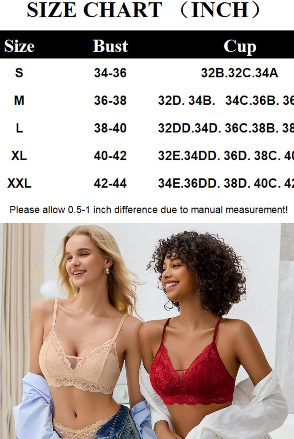 Lace bralette size chart with models in beige and red floral lace bralettes.