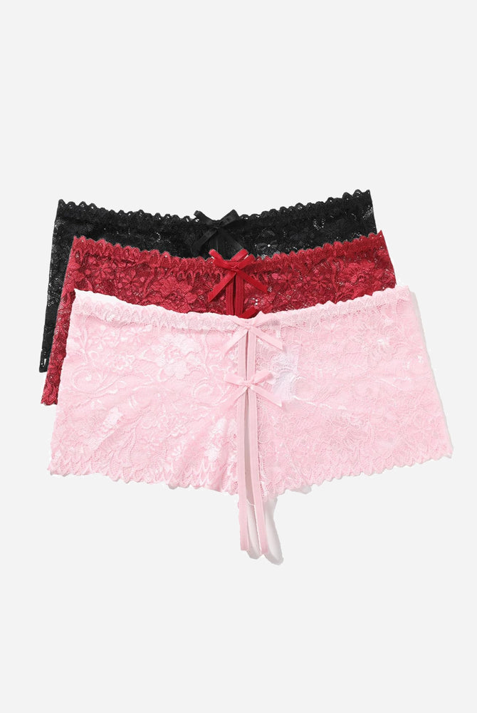 Black, red, and pink lace high waist panties with bow detail; floral lace design lingerie