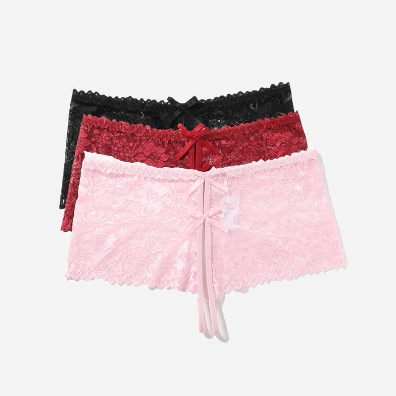 Black, red, and pink lace high waist panties with bow detail; floral lace design lingerie