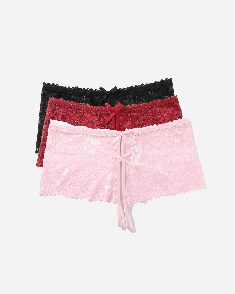 Black, red, and pink lace high waist panties with bow detail; floral lace design lingerie