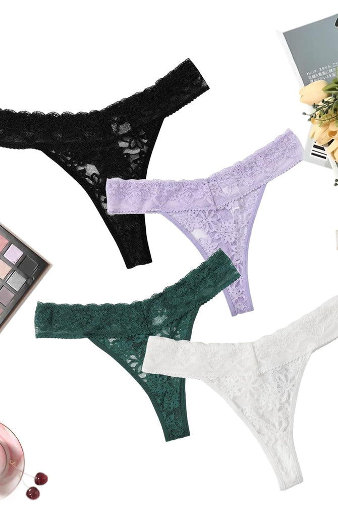 Lace low waist Brazilian panties in black, lavender, green, and white. Sexy lingerie.