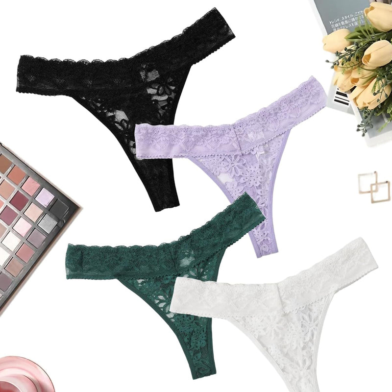 Lace low waist Brazilian panties in black, lavender, green, and white. Sexy lingerie.