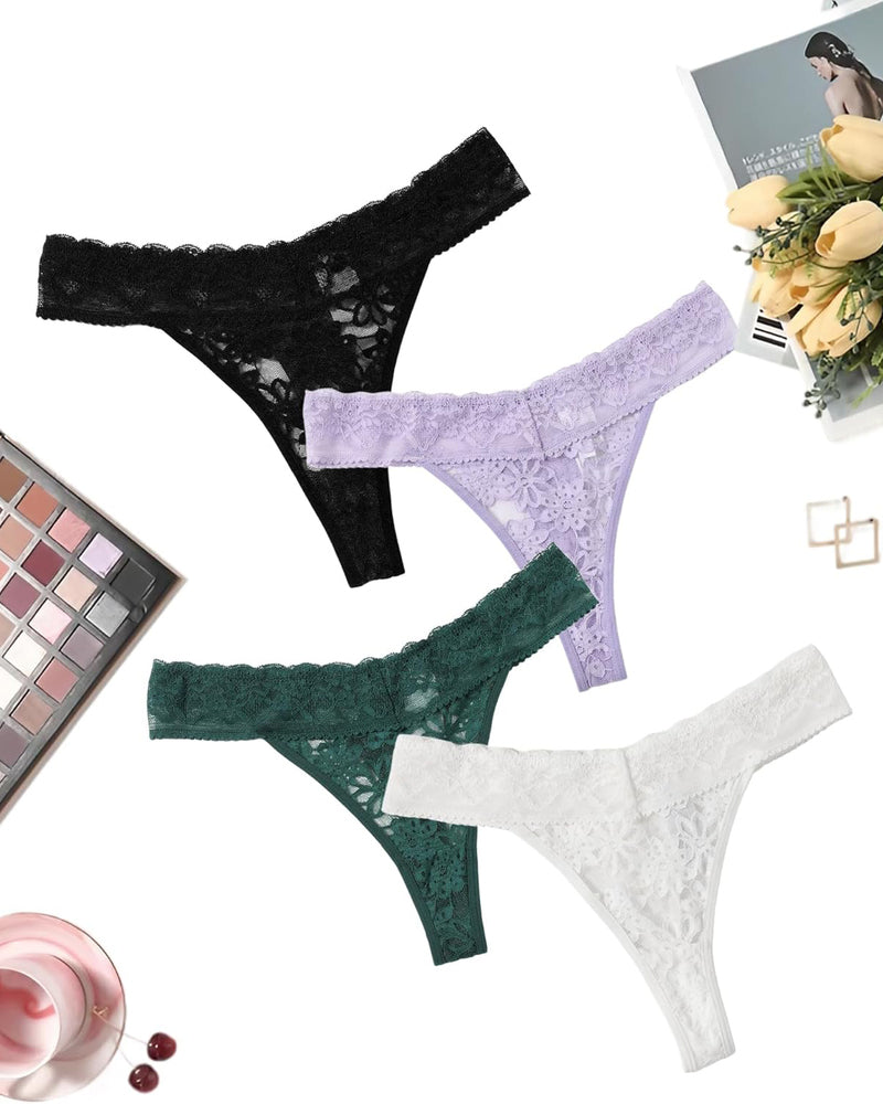 Lace low waist Brazilian panties in black, lavender, green, and white. Sexy lingerie.