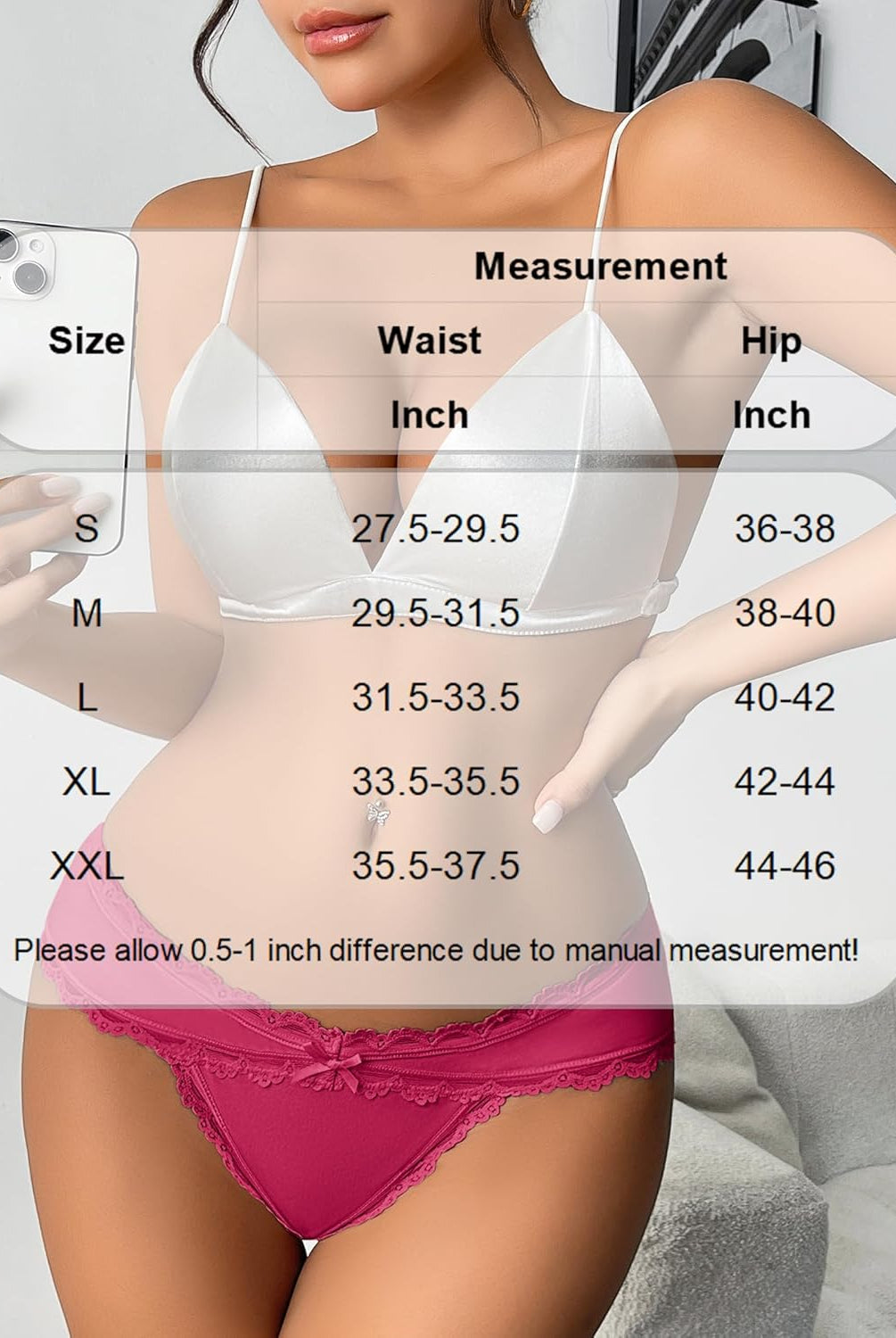 Red cotton hipster panties with lace trim and size chart (S-XXL) for waist and hip measurements
