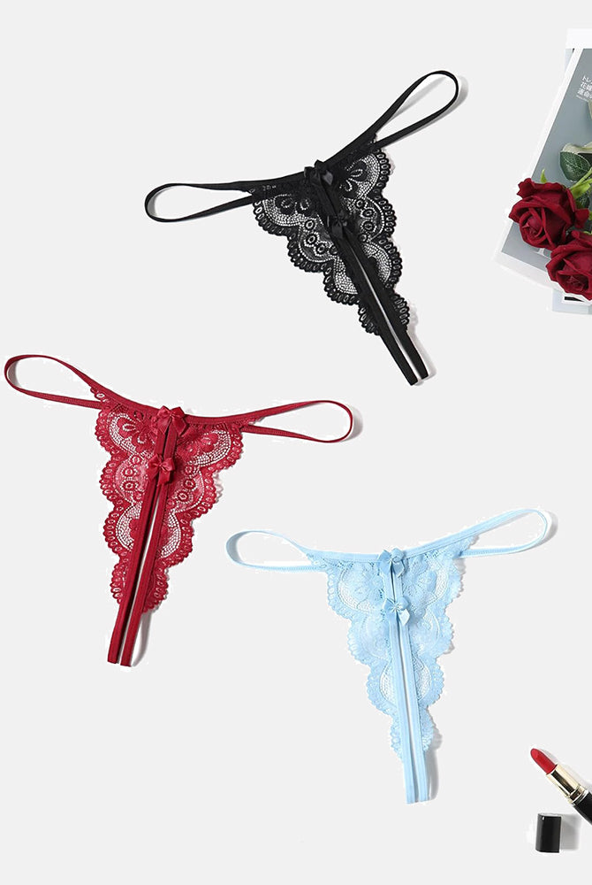 Avidlove Lace Thongs in Black, Red, and Light Blue. Low-rise, butterfly design, sexy lingerie.