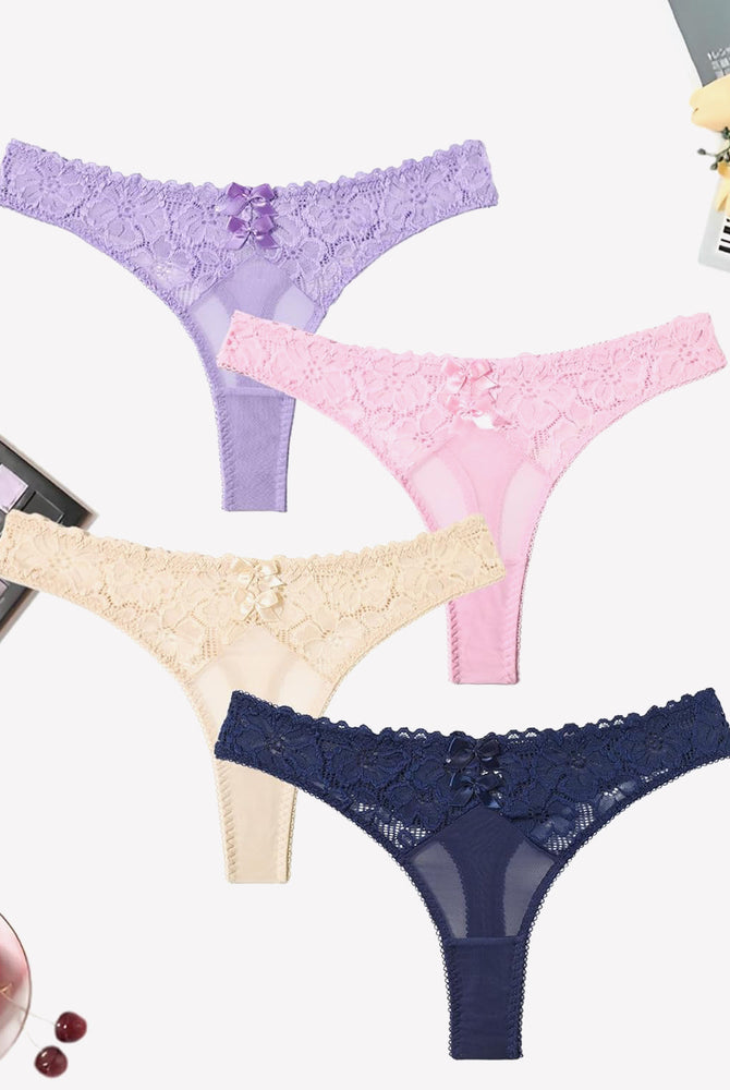 Mesh lace thongs, low waist panties in various colors with bow detail, elegant and confident.