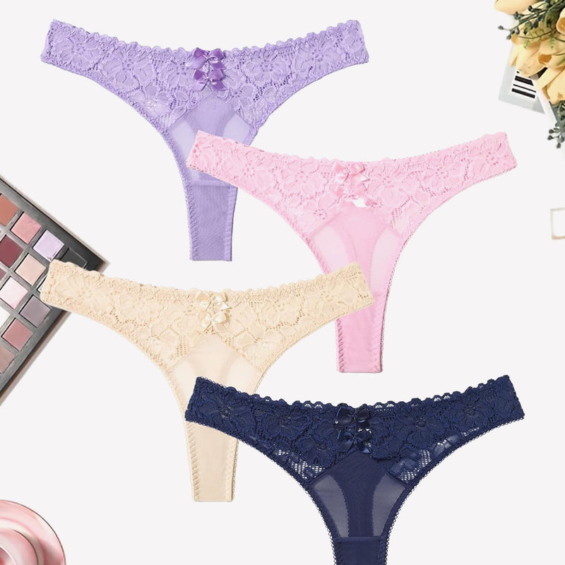 Mesh lace thongs, low waist panties in various colors with bow detail, elegant and confident.