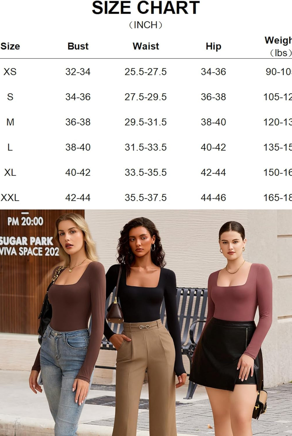Square neck bodysuit models and size chart. Double-lined and stretchy; black, brown, mauve options.