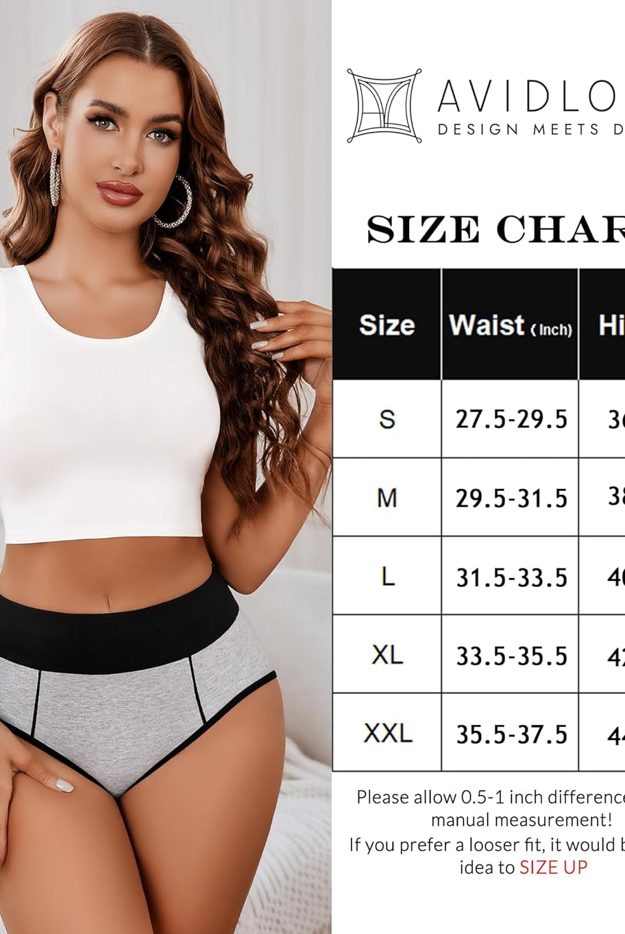 High-waist cotton hipster panties, size chart, comfortable fit, Avidlove.