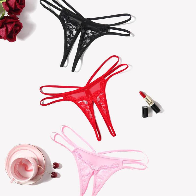 Floral lace G-string lingerie in black, red, and pink. Sexy panties with floral lace and bows.