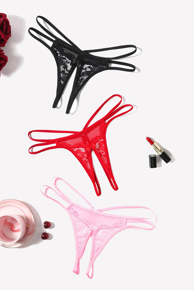 Floral lace G-string lingerie in black, red, and pink. Sexy panties with floral lace and bows.