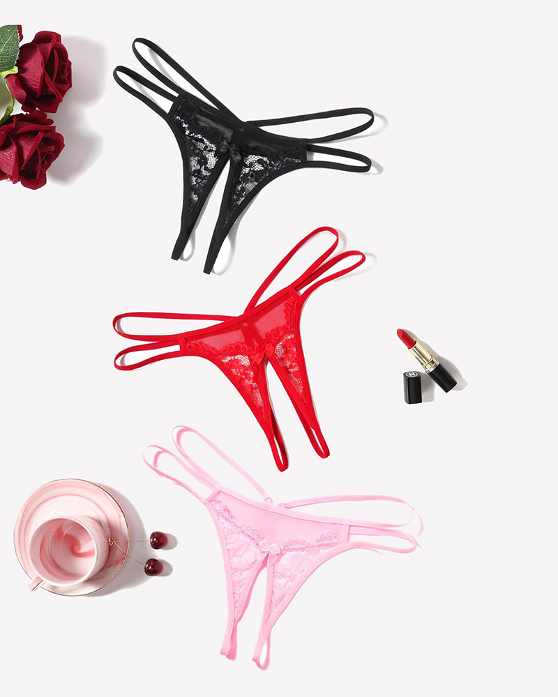 Floral lace G-string lingerie in black, red, and pink. Sexy panties with floral lace and bows.