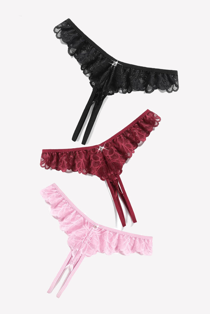 Lace Panties Criss Cross Thong Briefs in Black, Burgundy, and Pink