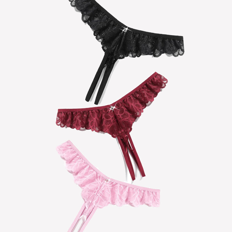 Lace Panties Criss Cross Thong Briefs in Black, Burgundy, and Pink