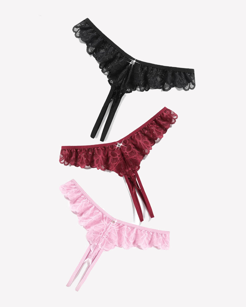 Lace Panties Criss Cross Thong Briefs in Black, Burgundy, and Pink
