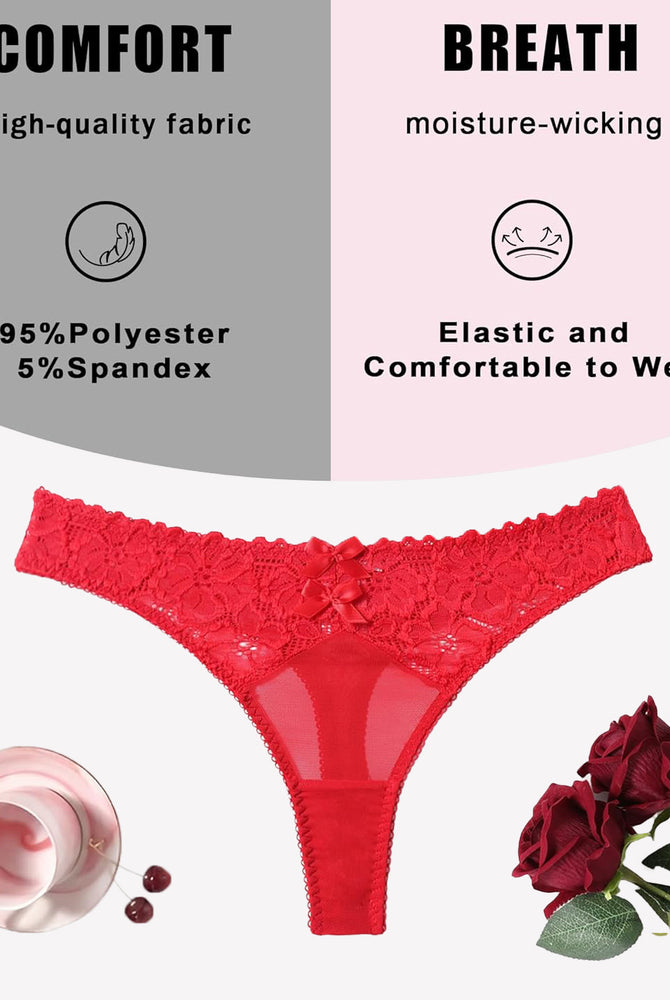 Red mesh lace thong panties with bow detail, breathable fabric, 95% Polyester, 5% Spandex.