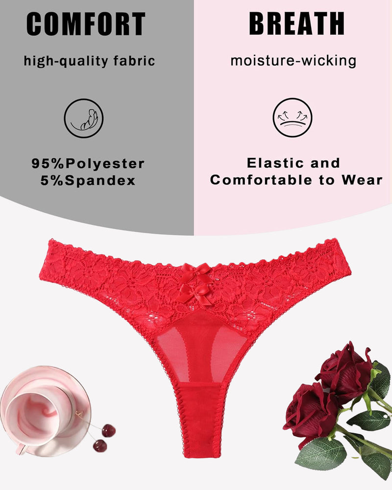 Red mesh lace thong panties with bow detail, breathable fabric, 95% Polyester, 5% Spandex.