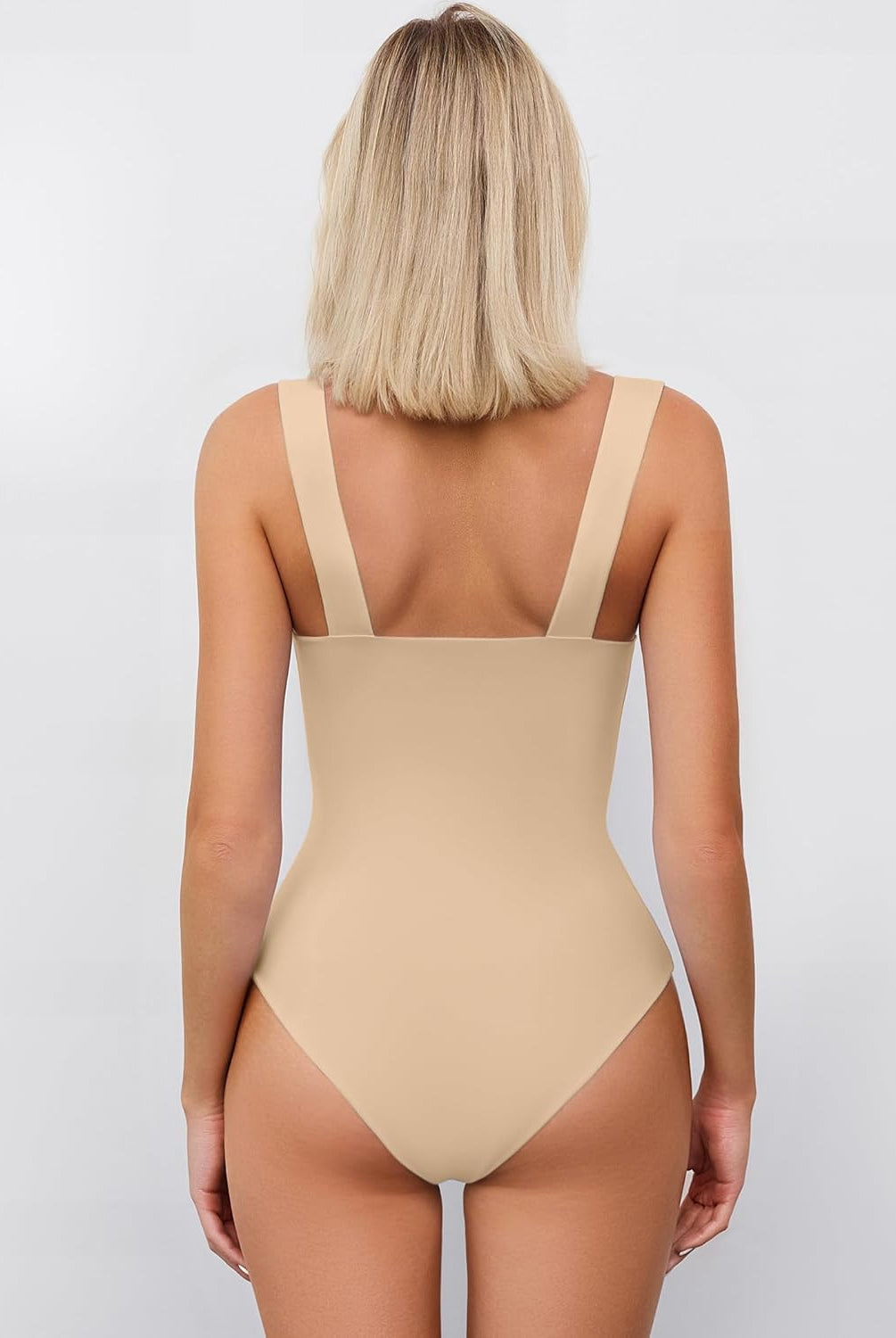 Beige sweetheart neck ruched bodysuit tank top, perfect for casual wear, showcasing the back view.