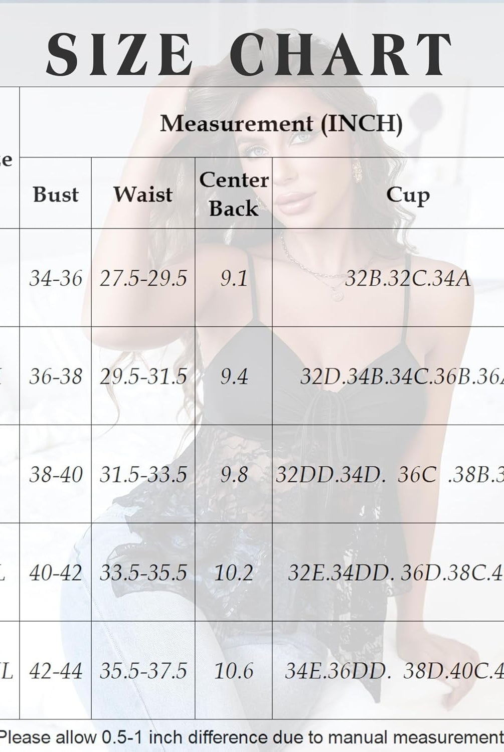 Camisole top size chart with bust, waist, and cup measurements for S to XXL sizes