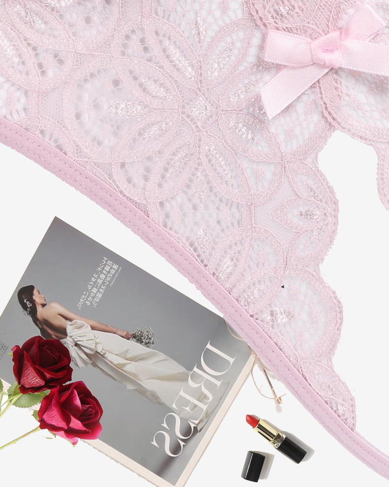 Pink floral lace briefs with bow detail. Sexy low-rise design. Featuring Avidlove lingerie.