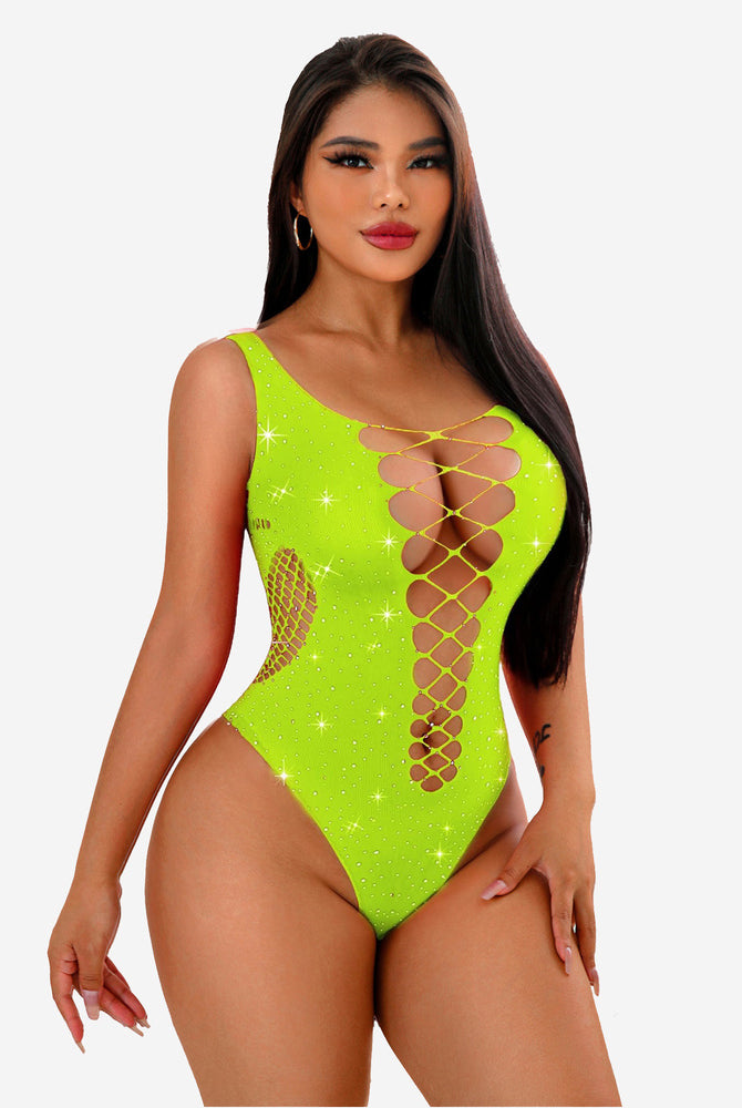 Neon green rhinestone mesh bodysuit with lace-up detail. Sexy, comfortable lingerie for women.