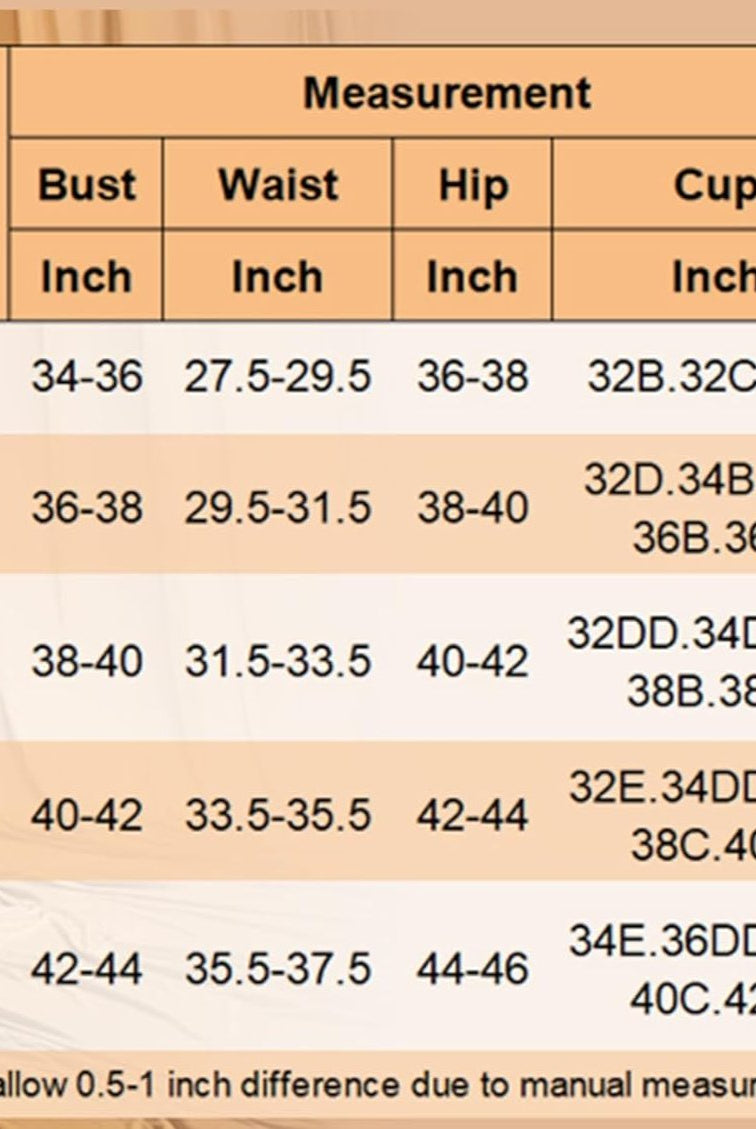 Size chart for square neck shapewear bodysuit, bust, waist, hip, cup measurements for sizes S-XXL.