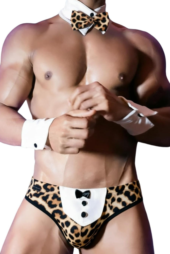 Leopard tuxedo lingerie briefs with black bow and white shirt details
