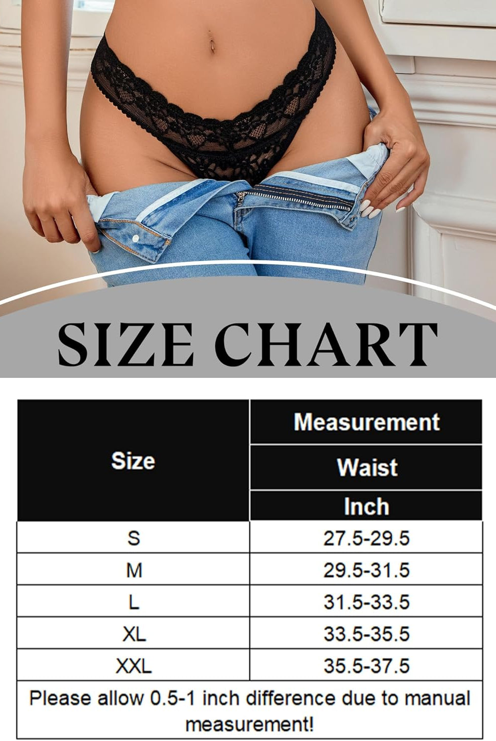 Black lace low waist Brazilian panties with size chart. Sexy lingerie, nylon and spandex blend.
