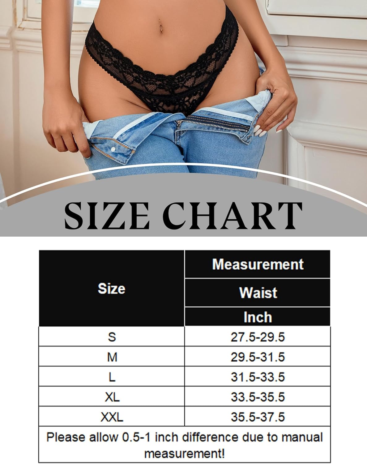 Black lace low waist Brazilian panties with size chart. Sexy lingerie, nylon and spandex blend.