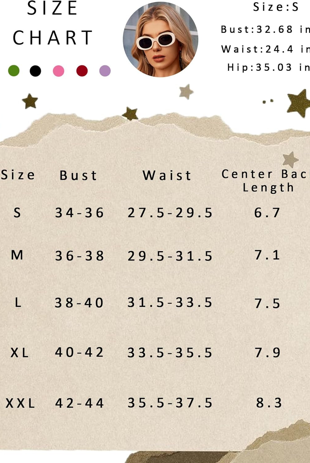Y2k tank top size chart with bust, waist, and length measurements for sizes S-XXL
