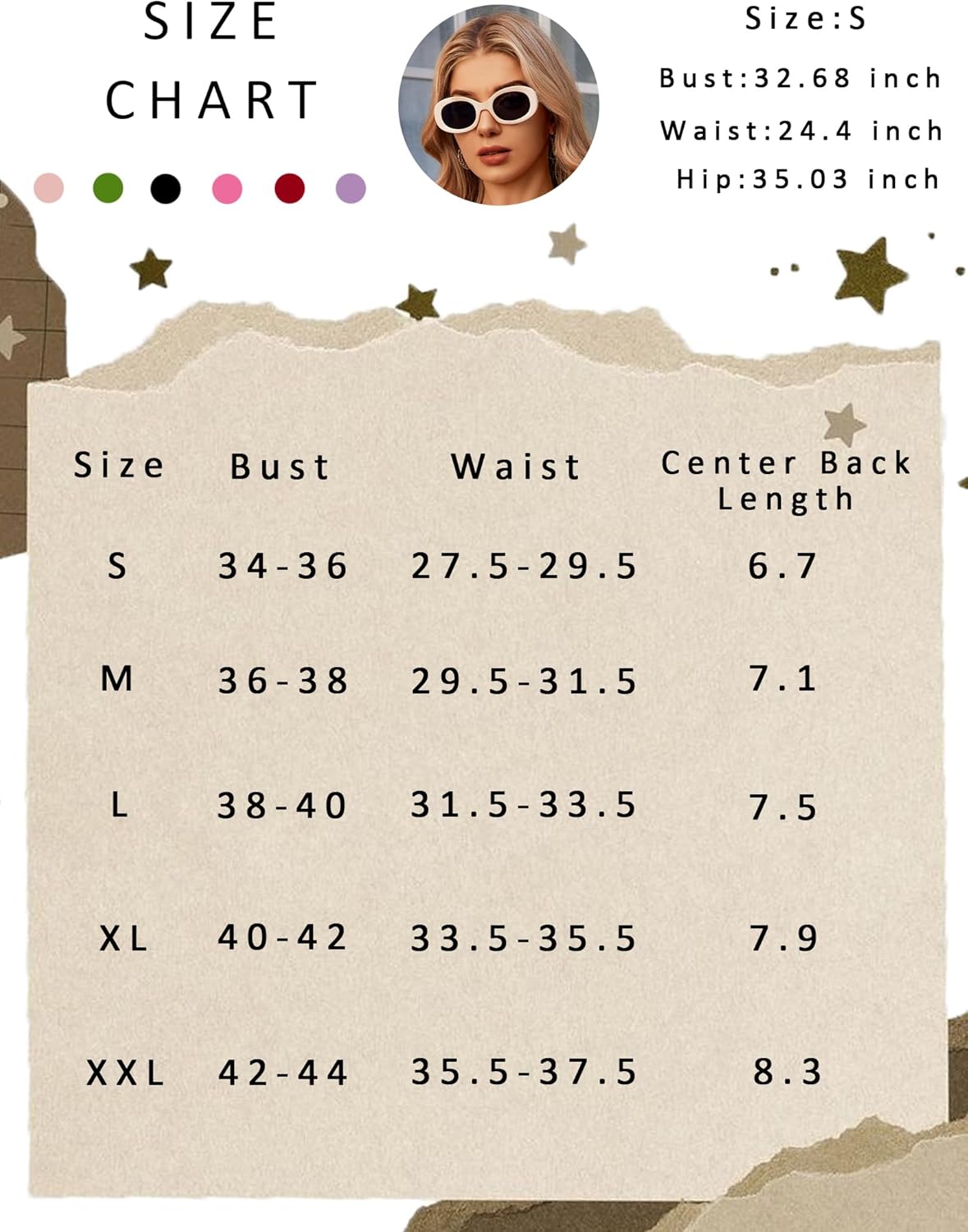 Y2k tank top size chart with bust, waist, and length measurements for sizes S-XXL