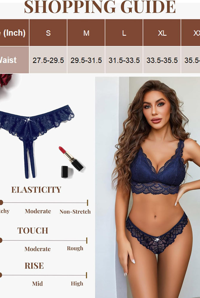Navy lace lingerie set with criss-cross thong, size chart, and model wearing the set.