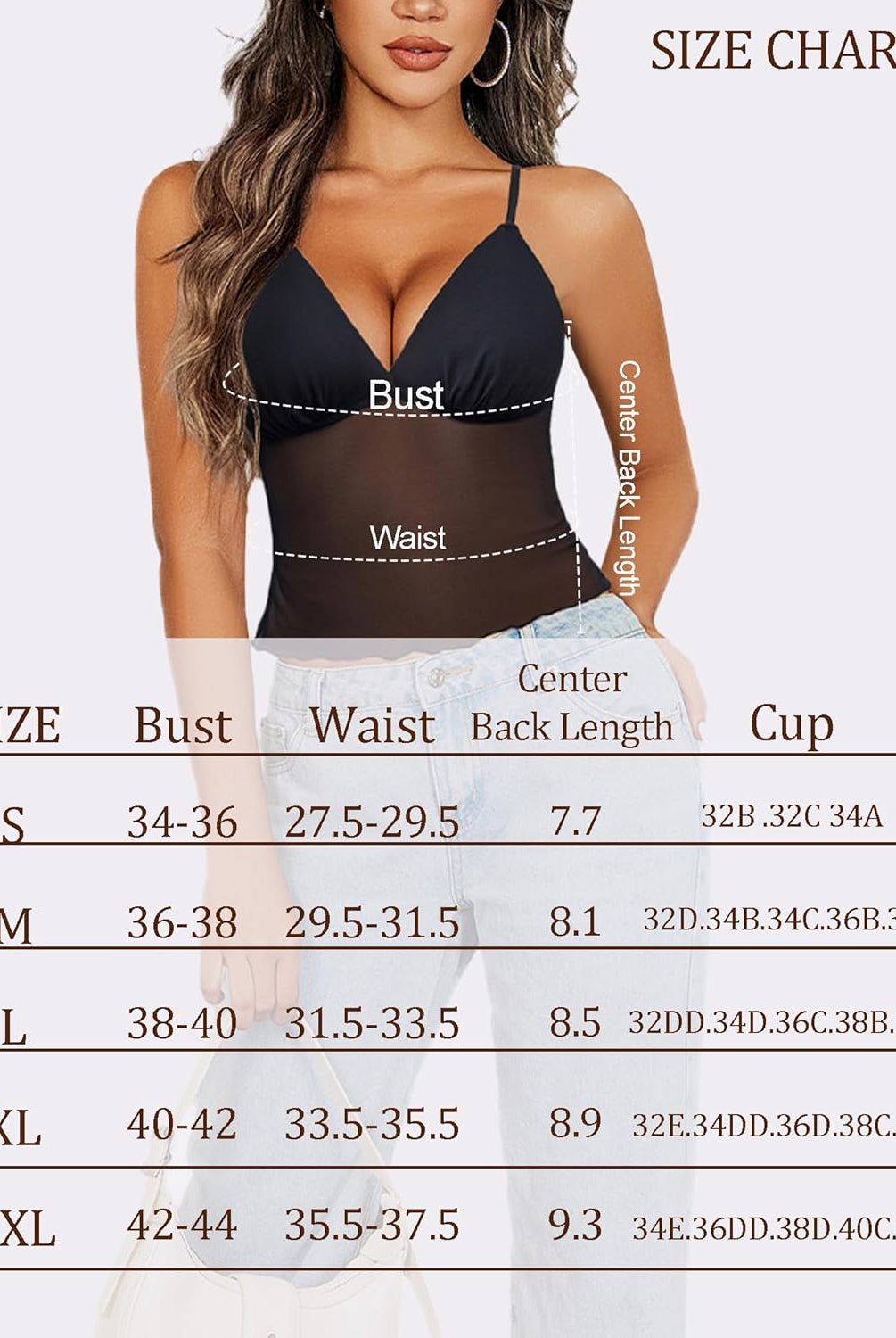 Black mesh crop top size chart, featuring bust, waist, and cup measurements for sizes S-XXL.