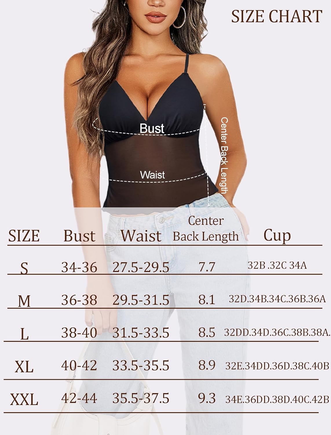 Black mesh crop top size chart, featuring bust, waist, and cup measurements for sizes S-XXL.