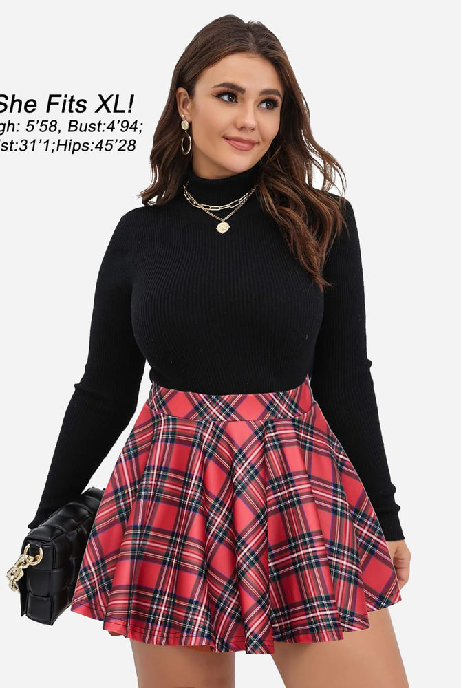 Red plaid A-line mini skirt; schoolgirl style, comfortable fit for XL size, with measurements