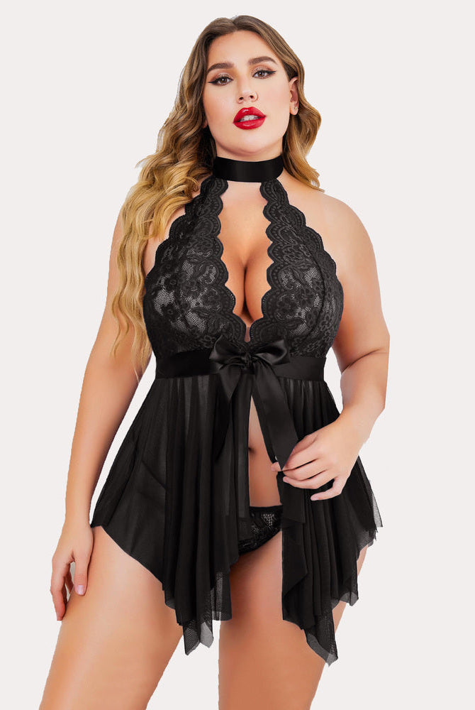 Plus size black lace babydoll lingerie set. Halter neckline with bow and sheer mesh skirt.