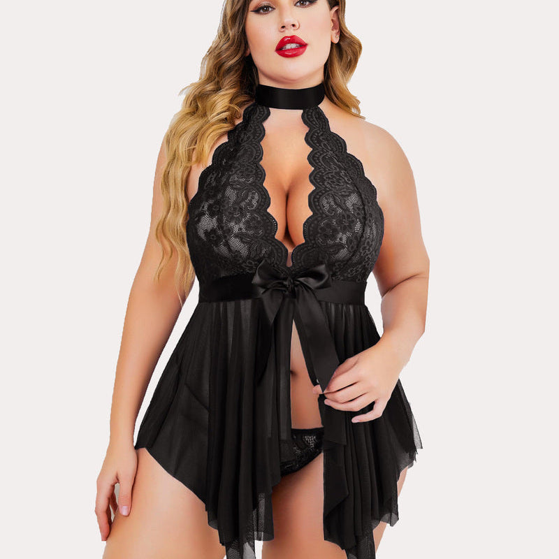 Plus size black lace babydoll lingerie with halter neck and satin bow, perfect for a romantic night