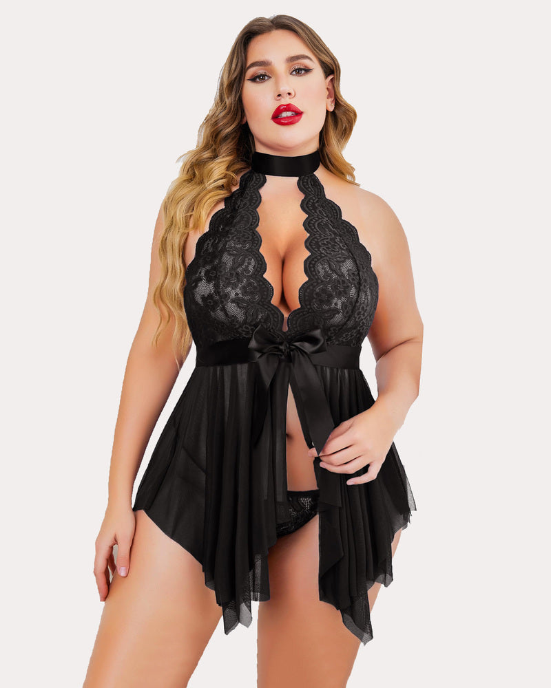 Plus size black lace babydoll lingerie with halter neck and satin bow, perfect for a romantic night