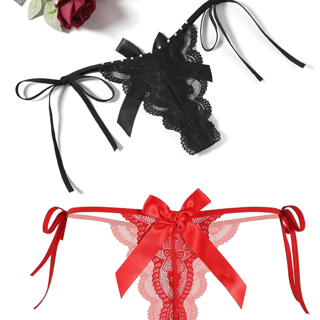 Floral Lace Tangas With Bow And Pearl