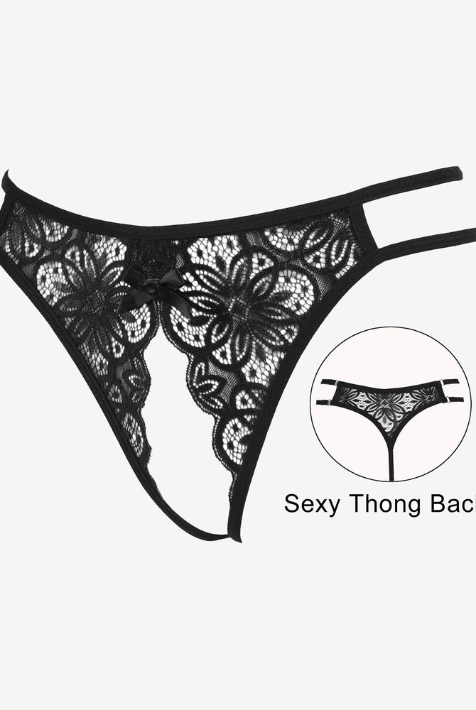 Black floral lace thong briefs with bow detail. Sexy low-rise design. Featuring a sexy thong back.