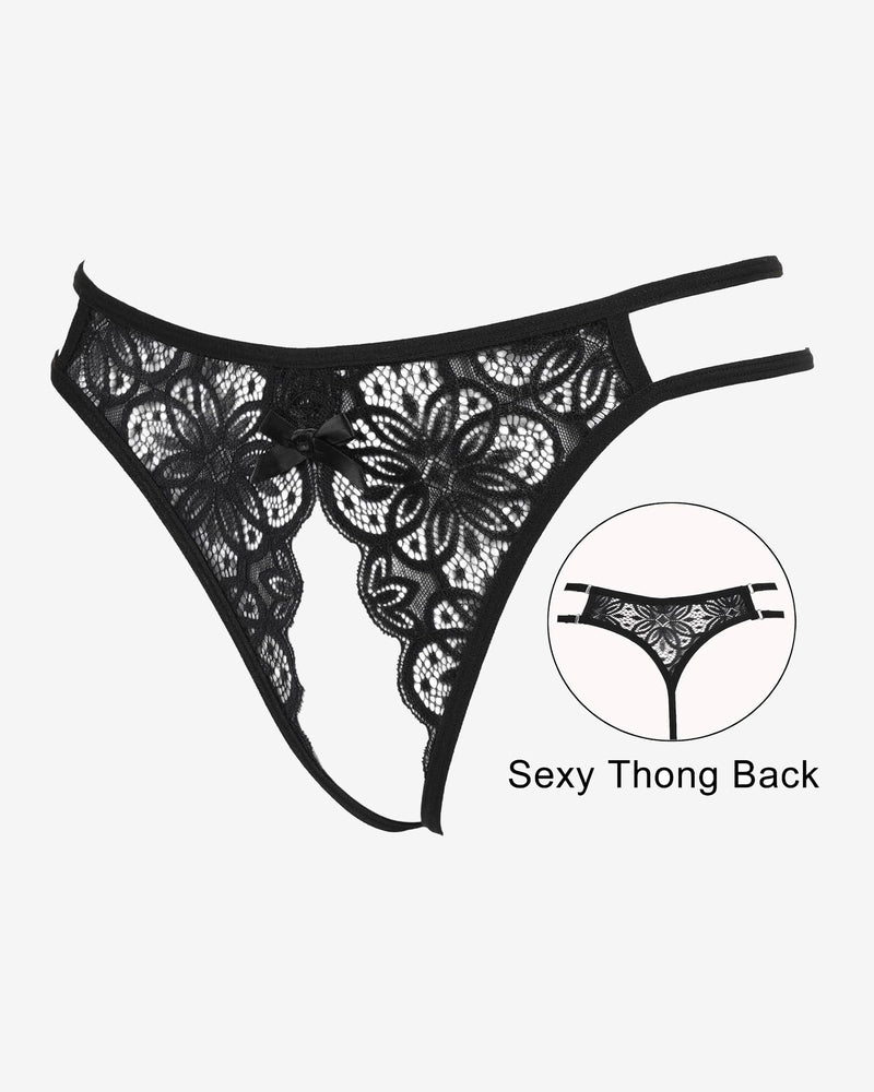 Black floral lace thong briefs with bow detail. Sexy low-rise design. Featuring a sexy thong back.
