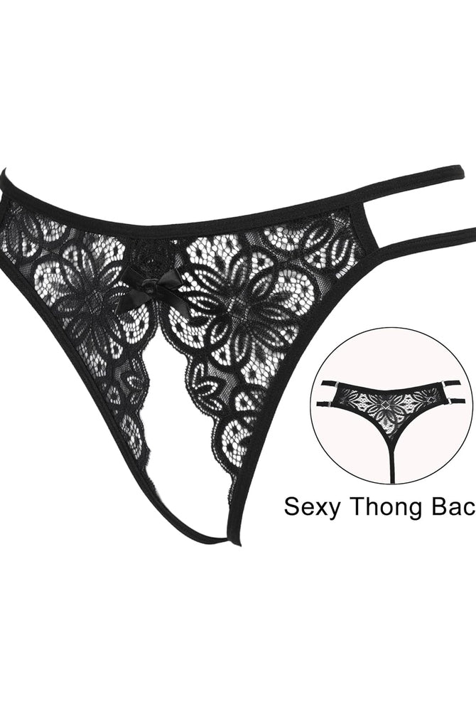 Black lace thong briefs with bow detail. Sexy low-rise design with thong back. Avidlove lingerie.