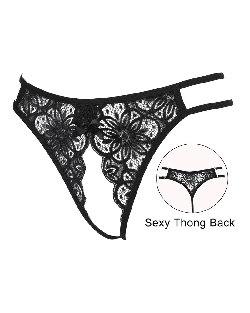 Black lace thong briefs with bow detail. Sexy low-rise design with thong back. Avidlove lingerie.