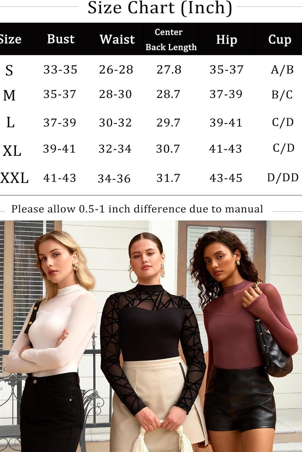 Size chart for sheer mesh bodysuit, models in white, black, and burgundy mock turtle neck lingerie.