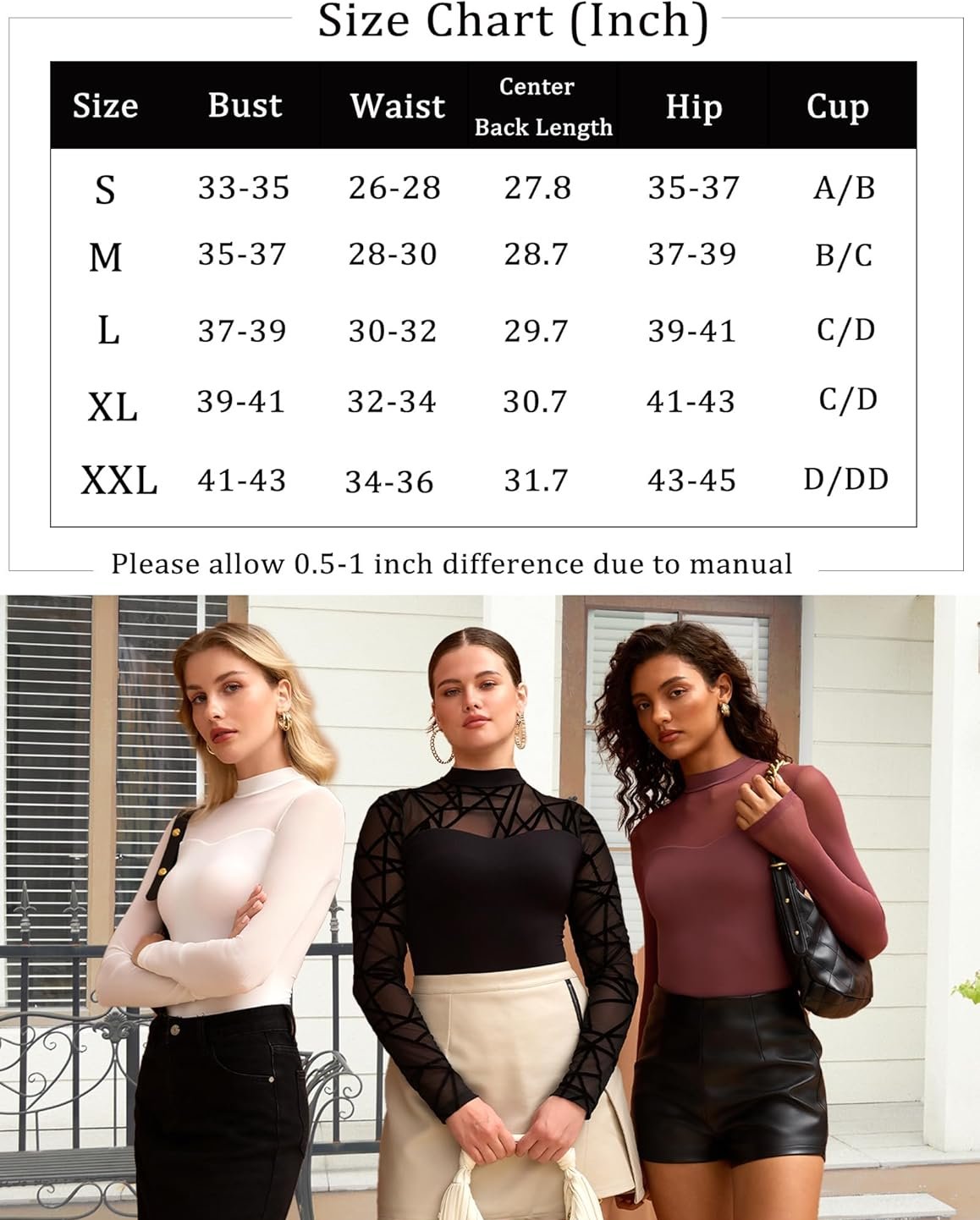 Size chart for sheer mesh bodysuit, models in white, black, and burgundy mock turtle neck lingerie.