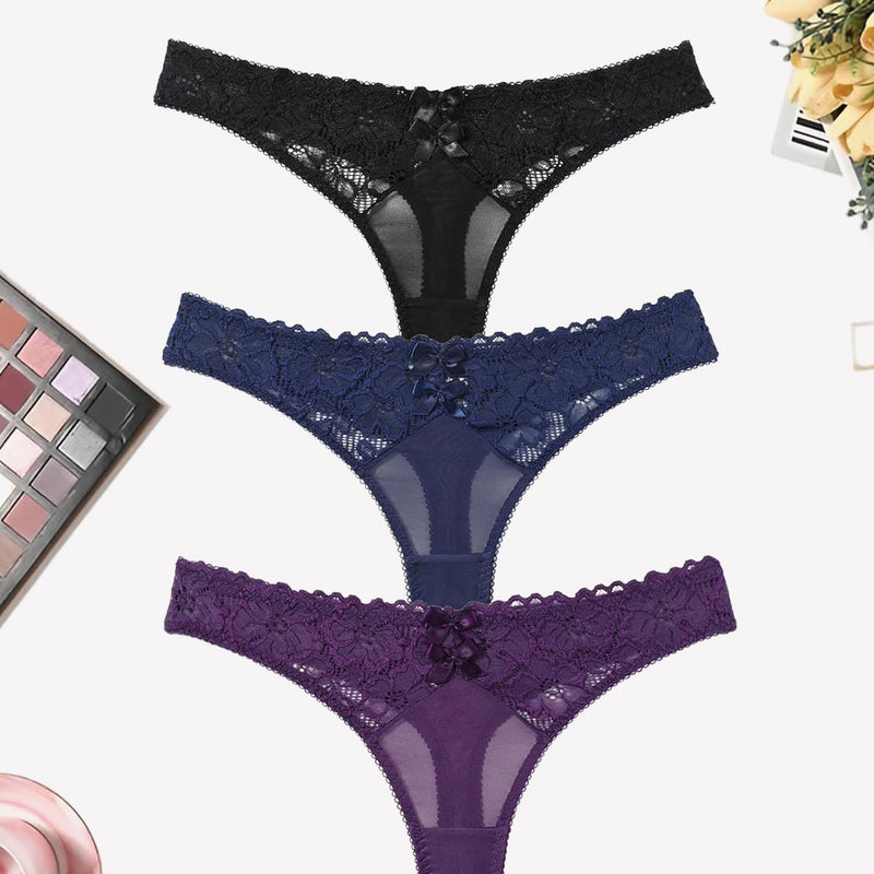 Low waist mesh lace thongs in black, navy, and purple with bow detail, elegant lingerie.