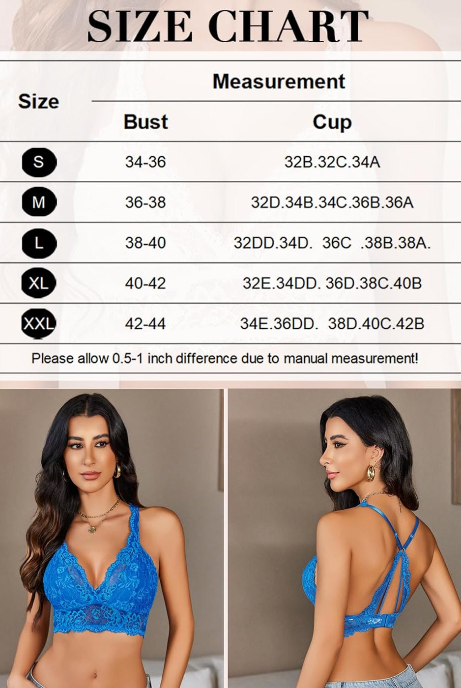 Size chart for lace bralettes with bust and cup measurements, model wearing blue lace bralette.