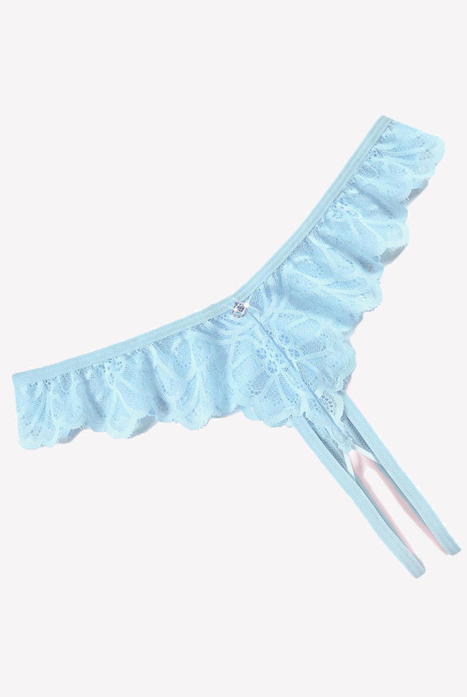 Blue lace thong panties with criss-cross design and ruffle details