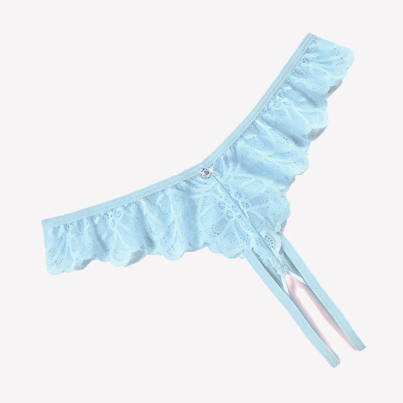 Blue lace thong panties with criss-cross design and ruffle details